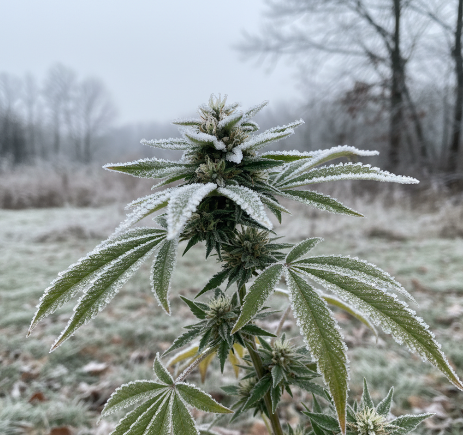 Mature cannabis plant with frost-covered buds illuminated by moonlight